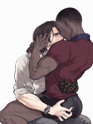 2boys back black_hair black_shorts blue_eyes brown_hair bucky_barnes closed_mouth dark-skinned_male dark_skin facial_hair grabbing_another&#039;s_ass grey_pants groping highres looking_at_another male_focus marvel marvel_cinematic_universe multiple_boys muscular muscular_male pants prosthesis prosthetic_arm red_shirt sam_wilson shirt short_hair short_sleeves shorts simple_background sitting sitting_on_person sleepyuncle1 smile t-shirt watch white_background white_shirt wristwatch yaoi