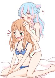 Rule 34 | 2girls, :d, ^ ^, aikatsu! (series), aikatsu stars!, bare arms, bare legs, bare shoulders, barefoot, bed sheet, blue bra, blue hair, blue panties, blunt bangs, blush, bra, closed eyes, covered mouth, fang, frilled bra, frilled panties, frills, green eyes, green panties, hair bun, hair down, hair over shoulder, hanazono kirara, hands on another&#039;s head, kneeling, lace, lace-trimmed bra, lace-trimmed panties, lace trim, light blue hair, lingerie, long hair, midriff, multicolored hair, multiple girls, on bed, open mouth, orange hair, panties, pink hair, saotome ako, simple background, single hair bun, sitting, smelling, smelling hair, smile, stomach, streaked hair, sweatdrop, tiramisu651, tsundere, twitter username, underwear, underwear only, white background, yuri