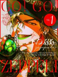 1_22sssam 1boy ball beard black_gloves black_hat black_jacket brown_hair chain commentary cover cowboy_hat earrings english_commentary english_text facial_hair fake_cover fake_magazine_cover fingerless_gloves gloves gold_teeth green_eyes green_lips green_nails grills grin gyro_zeppeli hat highres holding holding_ball jacket jewelry jojo_no_kimyou_na_bouken long_hair looking_at_viewer magazine_cover makeup male_focus portrait smile solo sparkle steel_ball_(jojo) steel_ball_run thick_eyebrows