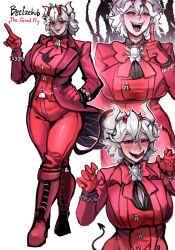 Rule 34 | 1girl, beelzebub (helltaker), blush, boots, bow, bracelet, breasts, brooch, character name, cleavage, coat, demon horns, fangs, formal clothes, gloves, helltaker, highres, horns, index finger raised, jewelry, knee boots, large breasts, laughing, licking lips, long sleeves, looking at viewer, overcoat, red bow, red gloves, red shirt, sfour s4, shirt, short hair, simple background, solo, suit, tail, tongue, tongue out, white background, white hair, wide hips