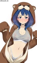 Rule 34 | 1girl, :/, absurdres, animegao, blue eyes, blue hair, blush, commentary, cosplay, covered erect nipples, grey panties, highleg, highleg panties, highres, hot, kigurumi, looking at viewer, make heroine ga oo sugiru!, mascot costume, medium hair, navel, otter costume, paid reward available, panties, paw pose, roswell ss, solo, sports bra, sweat, underwear, white background, yanami anna