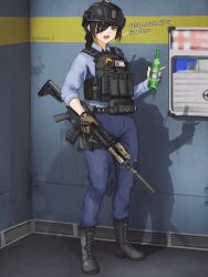 Rule 34 | alcohol, armor, assault rifle, beer, beer bottle, black boots, black hair, black helmet, blue pants, blue shirt, blunt bangs, body armor, boots, bottle, braid, brown eyes, brown gloves, dgkamikaze, eyepatch, girls&#039; frontline, gloves, gun, helmet, highres, holding, holding bottle, holding gun, holding weapon, long hair, long sleeves, looking at viewer, m16, m16a1 (girls&#039; frontline), m16a4, magazine (weapon), open mouth, pants, rifle, scar, scar across eye, scar on face, shadow, shirt, single braid, solo, suppressor, tactical clothes, weapon