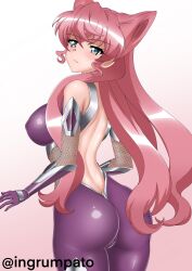 1girl absurdres ass blue_eyes blush bodysuit breasts cameltoe highres kyomeihibiki large_breasts long_hair looking_at_viewer looking_back maria_cadenzavna_eve pink_hair purple_bodysuit senki_zesshou_symphogear simple_background solo