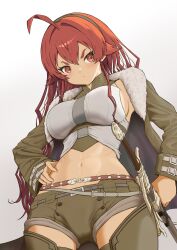 1girl ahoge belt black_hairband breasts brown_shorts closed_mouth commentary cowgirl_position cropped_shirt eris_greyrat from_below fur-trimmed_jacket fur_trim gradient_background grey_background hair_between_eyes hairband hand_on_own_hip highres jacket large_breasts long_hair long_sleeves mushoku_tensei navel open_clothes open_jacket red_eyes red_hair rora_(user_vgpk4444) shorts solo straddling sword v-shaped_eyebrows very_long_hair weapon