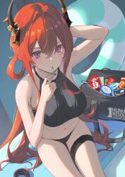 18_yen_coin 1girl alternate_breast_size arknights bikini black_bag black_bikini black_horns breasts commentary_request from_above hair_rings hair_tie_in_mouth highres horns infection_monitor_(arknights) large_breasts long_hair looking_at_viewer looking_up mouth_hold navel purple_eyes red_hair sidelocks sitting solo striped_innertube surtr_(arknights) swimsuit