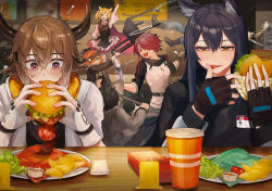 1boy 4girls animal_ears arknights arm_up bandeau bison_(arknights) black_bandeau black_dress black_gloves black_hair black_jacket black_shirt blonde_hair blush burger burger_malfunction cow_boy cow_ears cow_girl cow_horns croissant_(arknights) cup disposable_cup dress ear_piercing exusiai_(arknights) fighting fingerless_gloves food gloves green_eyes hair_between_eyes hair_over_one_eye halo highres holding holding_food horns id_card indoors jacket lettuce licking licking_finger multiple_girls necktie open_mouth orange_eyes penguin_logistics_(arknights) piercing potato_wedges red_eyes red_hair red_necktie senjou_no_pentsu shirt sora_(arknights) sweatdrop texas_(arknights) tomato twintails visor_cap white_gloves white_jacket wolf_ears wolf_girl