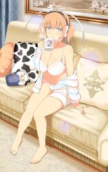 1girl :o animal_ears animal_print armpit_crease barefoot blue_jacket blush body_blush bra breasts bucket character_print cleavage coffee_mug collarbone couch cow cow_ears cow_horns cow_print cup curtains drinking full_body grey_eyes hair_between_eyes headphones highres holding holding_cup horns indoors jacket large_breasts lens_flare looking_at_viewer mug multicolored_jacket navel non-web_source official_art on_couch orange_hair painting_(object) panties pillow pink_jacket print_pillow rug senran_kagura senran_kagura_new_wave shiny_skin short_hair short_twintails sidelocks sitting solo sparkle steaming_cup striped_clothes striped_jacket twintails underwear ushimaru_(senran_kagura) ushiwakamaru_(senran_kagura) white_bra white_jacket white_panties yaegashi_nan