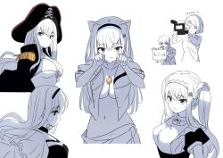 Rule 34 | 1boy, 2girls, animal ear fluff, animal ears, aroused nosebleed, ball, bikini, black choker, black hairband, black hat, blood, blush, bone hair ornament, breasts, camera, capelet, cat ears, cat girl, choker, cleavage, collarbone, commentary request, cowboy shot, floating hair, frilled capelet, frills, front-tie bikini top, front-tie top, hair between eyes, hair ornament, hairband, hands up, hat, holding, holding camera, holding sign, kemonomimi mode, kushima kamome, kushima sagi, large breasts, limited palette, long hair, looking at viewer, maid, maid headdress, medium hair, mother and daughter, multiple girls, multiple views, navel, no bra, nosebleed, official alternate costume, official alternate hairstyle, open clothes, open shirt, paw pose, pirate hat, school uniform, shirt, short hair, sidelocks, sign, simple background, skull and crossbones, skull hair ornament, solo focus, summer pockets, summer pockets school uniform, swimsuit, table tennis ball, tagame (tagamecat), takahara hairi, translation request, twintails, upper body, v-shaped eyebrows, white background, white bikini, white shirt