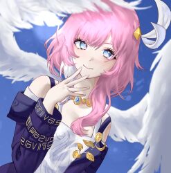 1girl angel_wings bare_shoulders blue_eyes blue_sky breasts coat cyrene_(honkai:_star_rail) dress hair_ornament hashtag-only_commentary highres honkai:_star_rail honkai_(series) jewelry lucyqer medium_hair multicolored_hair necklace outdoors pink_hair pink_pupils purple_coat sky small_breasts smile solo two-tone_hair upper_body white_dress white_hair wings