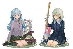 2girls 7-string_guitar :/ absurdres arm_at_side arms_at_sides badge bang_dream! bang_dream!_it&#039;s_mygo!!!!! black_ribbon black_shoes blazer blue_hair blue_neckerchief blue_serafuku blunt_bangs breast_pocket buttons center-flap_bangs character_doll collarbone collared_shirt diagonal-striped_clothes diagonal-striped_necktie double-parted_bangs flower full_body grand_piano grass green_hair green_necktie green_skirt green_socks grey_jacket grey_shirt guitar hair_ornament hair_ribbon hairclip hand_rest hand_up haneoka_school_uniform hashtag-only_commentary highres holding holding_guitar holding_instrument instrument jacket kneehighs lapels leaf light_blush loafers long_hair long_sidelocks long_sleeves looking_ahead looking_at_another miniature miniskirt multiple_girls neckerchief necktie on_grass parted_bangs parted_lips piano plaid_clothes plaid_skirt plant pocket ribbon schecter_guitar school_uniform serafuku shirt shoes shuilantao sidelocks sitting skirt socks striped_clothes striped_ribbon togawa_sakiko tsukinomori_school_uniform two_side_up vines wakaba_mutsumi wakaba_mutsumi_(doll) wariza window winter_uniform yellow_eyes yokozuwari