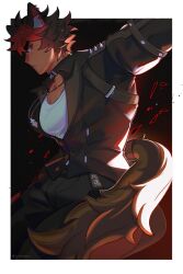1boy animal_ears bara black_jacket black_pants commentary earrings english_commentary from_side gael_(gaelbagel) highres jacket jewelry komano_manato leather leather_jacket looking_back male_focus multicolored_hair necklace pants pectorals profile scar scar_across_eye scar_on_face shirt tail twitter_username white_shirt wolf_boy wolf_ears wolf_tail zenless_zone_zero