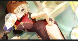 1girl :o black_dress black_gloves black_hair blonde_hair china_dress chinese_clothes clothing_cutout dress eyewear_on_head gloves hair_over_one_eye hand_fan highres holding holding_fan piyansuke purple_eyes sweety_(zenless_zone_zero) tinted_eyewear tuanshan underboob_cutout yellow-tinted_eyewear zenless_zone_zero