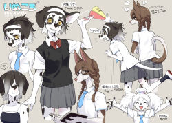 2girls black_hair black_sweater body_fur brown_fur commentary_request dog_girl furry furry_female gradient_hair grey_background grey_skirt highres kikurage_(crayon_arts) multicolored_hair multiple_girls multiple_views original shirt short_hair skirt sweater sweater_vest swimsuit tail translation_request wet white_fur white_hair white_shirt
