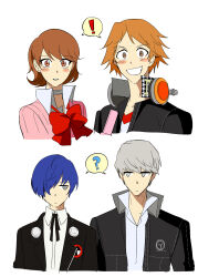 ! 1girl 3boys ? absurdres babakun black_jacket black_ribbon blue_hair blush blush_stickers bow bowtie brown_eyes brown_hair cardigan cellphone choker closed_mouth collared_shirt commentary_request cropped_torso earphones_removed earrings flip_phone flipped_hair gekkoukan_high_school_uniform grey_eyes grey_hair grin hanamura_yousuke headphones headphones_around_neck highres in-franchise_crossover jacket jewelry korean_commentary looking_at_another looking_at_viewer loose_bowtie multiple_boys narukami_yu neck_ribbon open_clothes open_jacket parted_lips persona persona_3 persona_4 phone pink_cardigan popped_collar red_bow red_bowtie ribbed_cardigan ribbon school_uniform shirt short_hair simple_background smile spoken_exclamation_mark spoken_question_mark stud_earrings takeba_yukari upper_body white_background white_choker white_shirt yasogami_school_uniform yuuki_makoto_(persona_3)