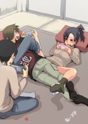 1girl 2boys black_hair black_legwear blue_hair blush bottomless breasts brown_eyes brown_hair capcom casual clothed_sex clothes_writing covering_privates denim glasses handheld_game_console indoors jeans kotatsu long_hair lying medium_breasts monster_hunter_(series) multiple_boys multitasking no_shoes open_mouth panties panties_around_leg pants pants_around_one_leg pillow playing_games playstation_portable ponytail ryo_(liver_sashi_daisuki!) sex short_hair signature sitting socks stealth_sex sweat table tatami teeth text_focus translated under_kotatsu under_table underwear vaginal video_game white_panties x-ray