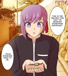 1boy artist_name asymmetrical_hair black_jacket brick_road brown_background collared_jacket commentary d0gduk english_commentary english_text facing_viewer fate/stay_night fate_(series) genderswap genderswap_(ftm) hair_between_eyes hair_bun hair_ribbon heaven&#039;s_feel highres holding holding_key homurabara_academy_school_uniform jacket key looking_at_hands looking_at_object matou_sakura medium_hair no_pupils open_mouth purple_eyes red_ribbon ribbon school_uniform short_hair solo speech_bubble surprised upper_body
