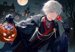 1boy bare_tree bat_(animal) black_cloak black_gloves black_kimono blue_eyes blue_jacket blue_shirt bucket candy cloak closed_mouth cowboy_shot floral_print food full_moon gloves gojou_satoru grey_hair grey_hood hair_between_eyes halloween halloween_bucket haori happy highres holding holding_bucket holding_candy holding_food holding_lollipop hood hood_down hooded_cloak jacket japanese_clothes jujutsu_kaisen kimono leaning_forward lollipop long_sleeves looking_at_viewer making-of_available male_focus mansion moon night night_sky outdoors shirt short_hair sky smile solo striped_clothes striped_kimono tanxianjia_xiaomao tree vertical-striped_clothes vertical-striped_kimono wide_sleeves