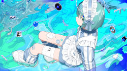 Rule 34 | 1girl, absurdres, apple, apron, bandaged leg, bandages, blue background, blue eyes, blue hair, blue jacket, blue ribbon, closed mouth, commentary, commission, distortion, expressionless, food, frilled apron, frills, from above, fruit, full body, grid background, hairband, halo, heart, highres, invisible chair, jacket, jersey maid, leg warmers, lolita hairband, long sleeves, looking at viewer, maid, melting halo, original, qr code, ribbon, shoes, short hair, signal 1120, sitting, skeb commission, sneakers, solo, star (symbol), tenshi kaiwai, track jacket, unconventional maid, white apron, white shoes