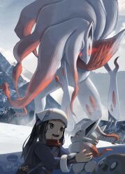 akari_(pokemon) alpha_pokemon animal artist_name big_hair bird black_hair creatures_(company) evolutionary_line flyaspring4 game_freak gen_7_pokemon glowing glowing_eyes gradient_fur headscarf highres hisuian_zoroark hisuian_zorua long_hair nintendo outdoors oversized_animal owl pokemon pokemon_(creature) pokemon_legends:_arceus red_eyes red_fur rowlet scared scarf twitter_username two-tone_fur wavy_mouth white_fur white_headscarf white_scarf winter