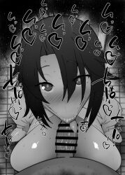 1boy 1girl :&gt;= bar_censor blush breasts censored erection fellatio greyscale hetero kuro_(ninkoro) kurotama large_breasts long_hair looking_at_viewer monochrome ninja_to_koroshiya_no_futarigurashi nose_blush oral penis pov pov_crotch saliva solo_focus sweat tile_floor tiles