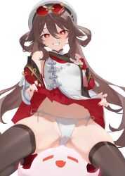 Rule 34 | 1girl, absurdres, black thighhighs, boo tao (genshin impact), brown hair, brown scarf, cameltoe, chinese clothes, clothes lift, dress, eyewear on head, flower-shaped pupils, genshin impact, ghost, hair between eyes, hair rings, hat, highres, hu tao (cherries snow-laden) (genshin impact), hu tao (genshin impact), lifting own clothes, long hair, long sleeves, looking at viewer, nbee ya, official alternate costume, panties, red-tinted eyewear, red eyes, red goggles, red nails, red skirt, round eyewear, scarf, side-tie panties, skirt, skirt lift, smile, solo, sunglasses, symbol-shaped pupils, teeth, thighhighs, tinted eyewear, twintails, underwear, white hat, white panties, yellow-framed eyewear