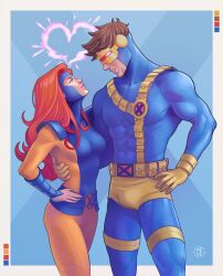 1boy 1girl absurdres blue_bodysuit bodysuit breasts brown_hair covered_abs cyclops_(x-men) gloves hand_on_own_hip heart highres jean_grey long_hair looking_at_viewer male_underwear marvel medium_breasts orange_hair paulovitorart short_hair superhero_costume two-tone_bodysuit underwear x-men yellow_bodysuit yellow_gloves yellow_male_underwear