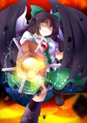 1girl asymmetrical_footwear black_hair black_legwear black_shoes black_wings bow brown_shoes cape debris electricity female_focus fire frilled_shirt frills gradient_background green_bow green_skirt hair_bow highres long_hair mismatched_footwear radiation_symbol reiuji_utsuho ryuu_(multitask) shaded_face shirt shoes skirt smirk solo star_(symbol) third_eye touhou white_cape white_shirt wings yellow_eyes