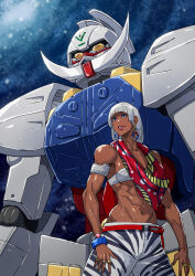 1girl abs absurdres bare_shoulders blue_eyes breasts cirenk commentary dark-skinned_female dark_skin elena_(street_fighter) grey_hair gundam highres jewelry long_hair looking_ahead mecha mobile_suit muscular muscular_female ring robot scarf science_fiction smile space street_fighter street_fighter_6 turn_a_gundam turn_a_gundam_(mobile_suit) v-fin yellow_eyes