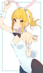 1girl absurdres animal_ears arm_up armband bare_shoulders black_bow black_bowtie black_pantyhose blonde_hair blue_border blunt_bangs blush boku_no_hero_academia border bow bowtie breasts cleavage closed_mouth collar commentary_request cowboy_shot detached_collar dot_nose double_bun fake_animal_ears hair_bun hairband hand_up highres leotard looking_at_viewer medium_breasts messy_hair outside_border pantyhose playboy_bunny pouty_lips rabbit_ears rabbit_tail rasusurasu redrawn short_eyebrows short_hair_with_long_locks sidelocks simple_background solo standing straight_hair strapless strapless_leotard tail toga_himiko tsurime white_armband white_background white_collar white_hairband white_leotard wrist_cuffs yellow_eyes