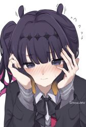 Rule 34 | 1girl, black jacket, black ribbon, blue eyes, blush, closed mouth, diamond hairband, flying sweatdrops, gradient hair, hands on own face, hokublu, hololive, hololive english, jacket, multicolored hair, ninomae ina&#039;nis, ninomae ina&#039;nis (school uniform), official alternate costume, official alternate hairstyle, pink streaks, purple hair, ribbon, shirt, side ponytail, simple background, solo, tentacle hair, virtual youtuber, white background, white shirt