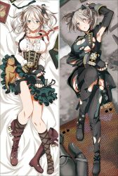 Rule 34 | 1girl, :o, bed sheet, black gloves, breasts, ciel alencon, closed mouth, dakimakura (medium), female focus, fingerless gloves, gloves, god eater, god eater 2: rage burst, green eyes, green shirt, green skirt, highres, lying, medium breasts, no bra, red ribbon, ribbon, shirt, short hair, skirt, solo, torn clothes, white hair