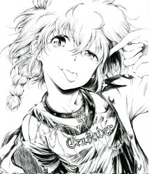Rule 34 | 1girl, :p, braid, chain, collarbone, commentary request, corrupted twitter file, cranberry (girls und panzer), cross, dutch angle, english text, fang, finger to head, girls und panzer, greyscale, hair between eyes, head tilt, highres, iron cross, looking at viewer, monochrome, off shoulder, sawamin, short braid, side braid, solo, st. gloriana&#039;s military uniform, studded choker, tongue, tongue out