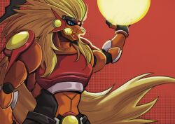 apollomon blonde_hair blue_eyes carina2cl digimon digimon_(creature) furry furry_male highres holding lion long_hair orange_background simple_background solo upper_body