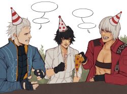 1girl 2boys black_gloves black_hair blue_coat closed_eyes coat dante_(devil_may_cry) devil_may_cry devil_may_cry_(series) devil_may_cry_3 fingerless_gloves food food_in_mouth fork gloves hat hejee highres holding holding_food holding_fork holding_pizza lady_(devil_may_cry) multiple_boys no_shirt party_hat pizza pizza_slice red_coat shirt simple_background vergil_(devil_may_cry) white_background white_hair white_shirt