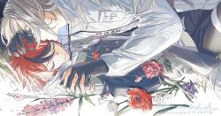2boys aotsuki_eito black_gloves black_pants closed_eyes cursive drawstring flower flower_request glasses gloves grass grey_hair grey_jacket hand_on_another&#039;s_head hikarudaihuku holding_hands hood hoodie interlocked_fingers iris_(flower) jacket lying male_focus multicolored_hair multiple_boys on_back pants pink_flower poppy_(flower) purple_flower red_flower red_hair red_rose rose short_hair streaked_hair sumino_takumi the_hundred_line_-last_defense_academy- thigh_strap twitter_username white_flower white_hoodie white_jacket yaoi
