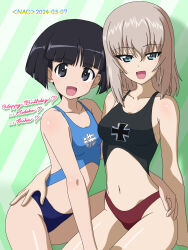 Rule 34 | 2girls, black hair, blonde hair, blue eyes, blush, breasts, dated, emblem, girls und panzer, grey eyes, hand on another&#039;s hip, happy birthday, highres, itsumi erika, kuromorimine (emblem), kuromorimine military uniform, long hair, looking at viewer, multiple girls, naotosi, open mouth, short hair, signature, small breasts, smile, sono midoriko, swimsuit