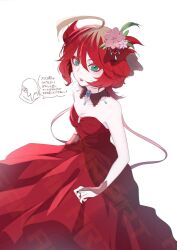 1boy 1girl ahoge alternate_costume atticus_(pokemon) bare_shoulders blonde_hair blue_eyes dress eyelashes flower hair_between_eyes hair_flower hair_ornament hair_over_one_eye looking_at_viewer mela_(pokemon) multicolored_hair nintendo parted_lips pokemon pokemon_sv red_dress red_hair saotome_(neptune_0416) short_hair solo_focus strapless strapless_dress two-tone_hair white_background