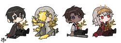 1girl 3boys brown_hair chibi collared_shirt cryung9913 dark-skinned_male dark_skin dongbaek_(project_moon) e.g.o_(project_moon) flower flower_over_eye golden_bough_(limbus_company) hanbok heathcliff_(project_moon) id_card korean_clothes la_manchaland&#039;s_don_quixote_(project_moon) limbus_company multiple_boys necktie parted_bangs project_moon purple_eyes red_eyes red_necktie shirt short_hair sitting spicebush_(e.g.o) white_hair white_shirt yellow_eyes yellow_flower yi_sang_(project_moon)