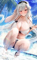 1girl azur_lane bare_shoulders beach bikini blue_sky breasts cleavage commentary female_focus flip-flops from_below grin highres huge_breasts long_hair looking_at_viewer looking_down mutsumi_nemuru navel ocean outdoors palm_tree red_eyes sand sandals scylla_(azur_lane) sky smile solo swimsuit symbol-shaped_pupils tree very_long_hair white_hair