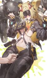 1girl 1other absurdres ass black_gloves black_pants black_shrug blonde_hair blush breasts camouflage camouflage_jacket camouflage_pants closed_mouth commentary_request facing_viewer fingerless_gloves gloves hair_ornament hands_up highres jacket korean_commentary large_breasts long_hair multiple_views navel netural pants ponytail shrug_(clothing) solo_focus stomach sweat trigger_(zenless_zone_zero) zenless_zone_zero zipper_pull_tab