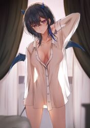 1girl absurdres arm_behind_head artist_name black_hair blue_hair blue_horns blue_wings blush bottomless breasts closed_mouth collarbone commentary_request cowboy_shot dated hair_between_eyes highres horns ichinose_uruha indoors large_breasts long_sleeves looking_at_viewer medium_hair multicolored_hair no_bra no_pants partially_unbuttoned purple_eyes shirt solo sowon_(sowonhae) standing tail two-tone_hair virtual_youtuber vspo! white_shirt wings
