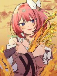 Rule 34 | 1girl, absurdres, bare shoulders, blue eyes, coat, cyrene (honkai: star rail), hair ornament, highres, holding wheat, honkai: star rail, honkai (series), jewelry, looking at viewer, multicolored hair, necklace, orange sky, outdoors, parted lips, pink hair, ponunu, purple coat, sky, smile, solo, two-tone hair, wheat field, white hair