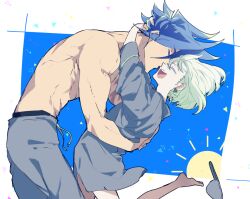 2boys abs apuooooo barefoot blue_background blue_hair border closed_eyes closed_mouth commentary_request couple cowboy_shot foot_out_of_frame galo_thymos green_hair grey_pants grey_shirt hug lio_fotia male_focus multiple_boys muscular muscular_male open_mouth oversized_clothes oversized_shirt pants promare ribs shirt short_hair sun teeth topless_male upper_teeth_only white_border yaoi