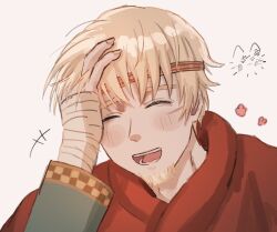 1boy 1other absurdres animal bandaged_hand bandages bandaid bandaid_on_face beard blonde_hair blush canute cat closed_eyes eyelashes facial_hair frown hand_on_own_head happy harumakijiro headband highres king laughing looking_at_another male_focus motion_lines open_mouth pink_background short_hair simple_background teeth thorfinn tongue viking vinland_saga