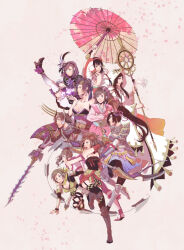 aya_gozen black_hair bow_(weapon) breasts brown_hair cleavage hair_ornament high_heels highres hosokawa_gracia inahime japanese_clothes kaihime kimono kunoichi_(sengoku_musou) large_breasts legs lev. lips long_hair nene nouhime obi oichi okuni pantyhose ponytail red_hair sash sengoku_musou skirt staff sword tachibana_ginchiyo thighhighs thighs umbrella weapon yukata