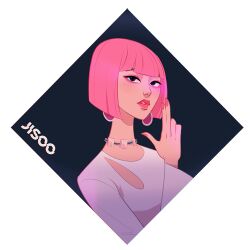 Rule 34 | 1girl, artist name (singer), black background, blackpink, blunt bangs, bob cut, chalseu, character name, commentary, earrings, english commentary, eyeshadow, jewelry, jisoo (blackpink), k-pop, looking at viewer, makeup, mole, parted lips, pink hair, pink lips, pink nails, real life, short hair, solo, upper body