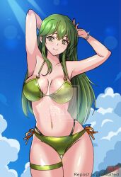 1girl alternate_costume arms_behind_back bikini breasts cleavage cowboy_shot fire_emblem gluteal_fold green_bikini green_eyes green_hair hikaru_(mikan0407) large_breasts long_hair looking_at_viewer multi-strapped_bikini_bottom nintendo outdoors palla_(fire_emblem) side-tie_bikini_bottom sidelocks skindentation solo swimsuit thigh_gap thighs very_long_hair watermark