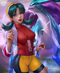 1girl blue_eyes breasts gen_2_pokemon green_hair jewelry kris_(pokemon) legendary_pokemon logan_cure necklace nintendo open_mouth poke_ball poke_ball_(basic) pokemon pokemon_(creature) pokemon_gsc purple_hair red_eyes ribbon solo suicune twintails