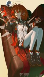 1girl ahoge arknights collared_shirt exusiai_(arknights) exusiai_the_new_covenant_(arknights) green_eyes halo highres lanzi_(415460661) long_hair lying on_back phone red_hair shirt shoes shorts sneakers solo thighhighs white_shirt white_thighhighs zettai_ryouiki