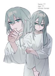 Rule 34 | 1girl, absurdres, alien stage, choker, commentary, dress, english commentary, green eyes, hand on own arm, hand on own chin, highres, long hair, long sleeves, milkbedtime, multiple views, white choker, white dress